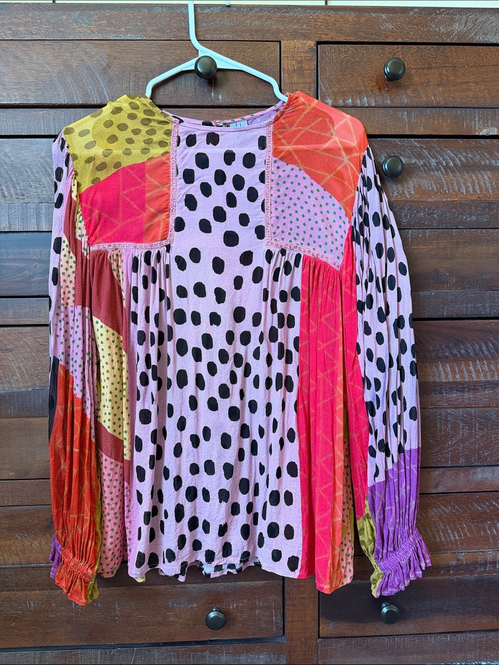 Patchwork Polka Dot Mixed-Print Long Sleeve Blouse - Pink & Multicolor